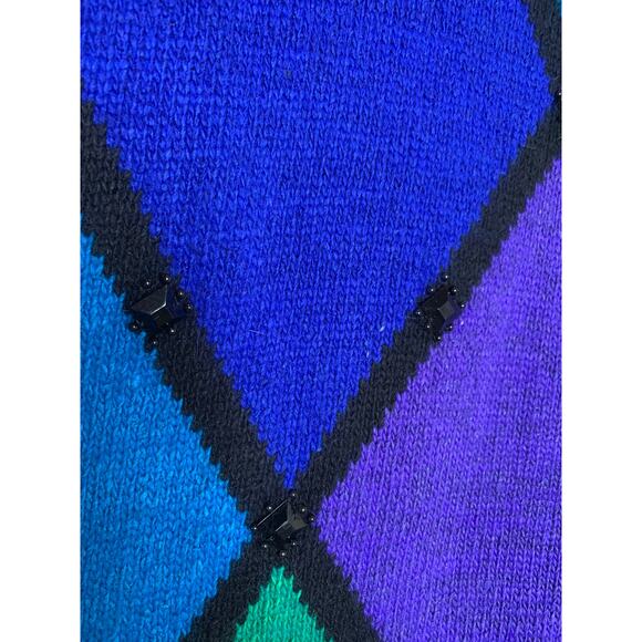 Vintage Silk Angora Blend Black Blue Diamond Beaded Sweater Sz Large - Picture 8 of 9